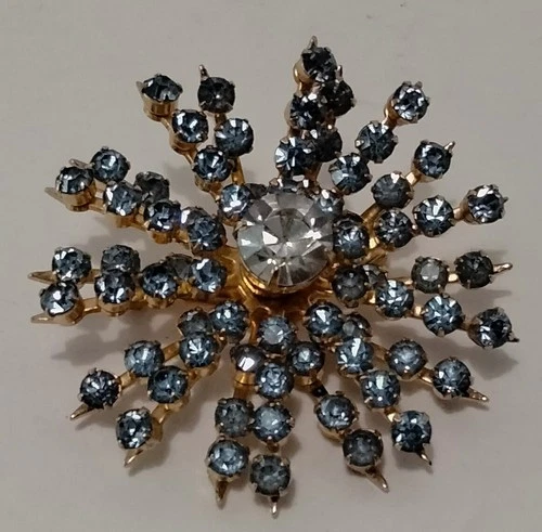 VTG Brooch 1.5" Pin MCM Gold Tone  Signed Blue Rhinestone Costume Jewelry