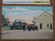 ca 1910 SOUTHERN RAILWAY DEPOT, COMMERCE, GA. POSTCARD LITHO color STEAM ENGINE
