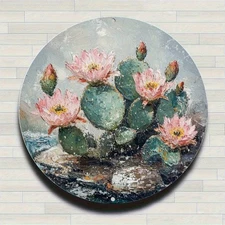 Vintage Floral Cactus Wall Art - Round Aluminum Sign with Pink Flowers & Green L