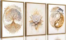 3pcs Framed Tree of Life Canvas Wall Art Gold Lotus Zen Painting Picture Wall...