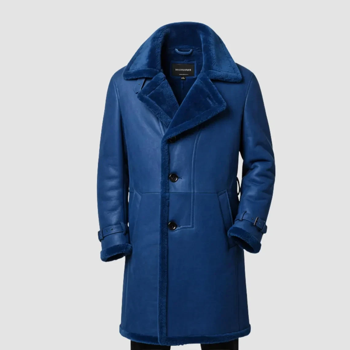 Large Size Men's Blue Shearling Leather Coat Real Sheepskin Leather Jacket Coat