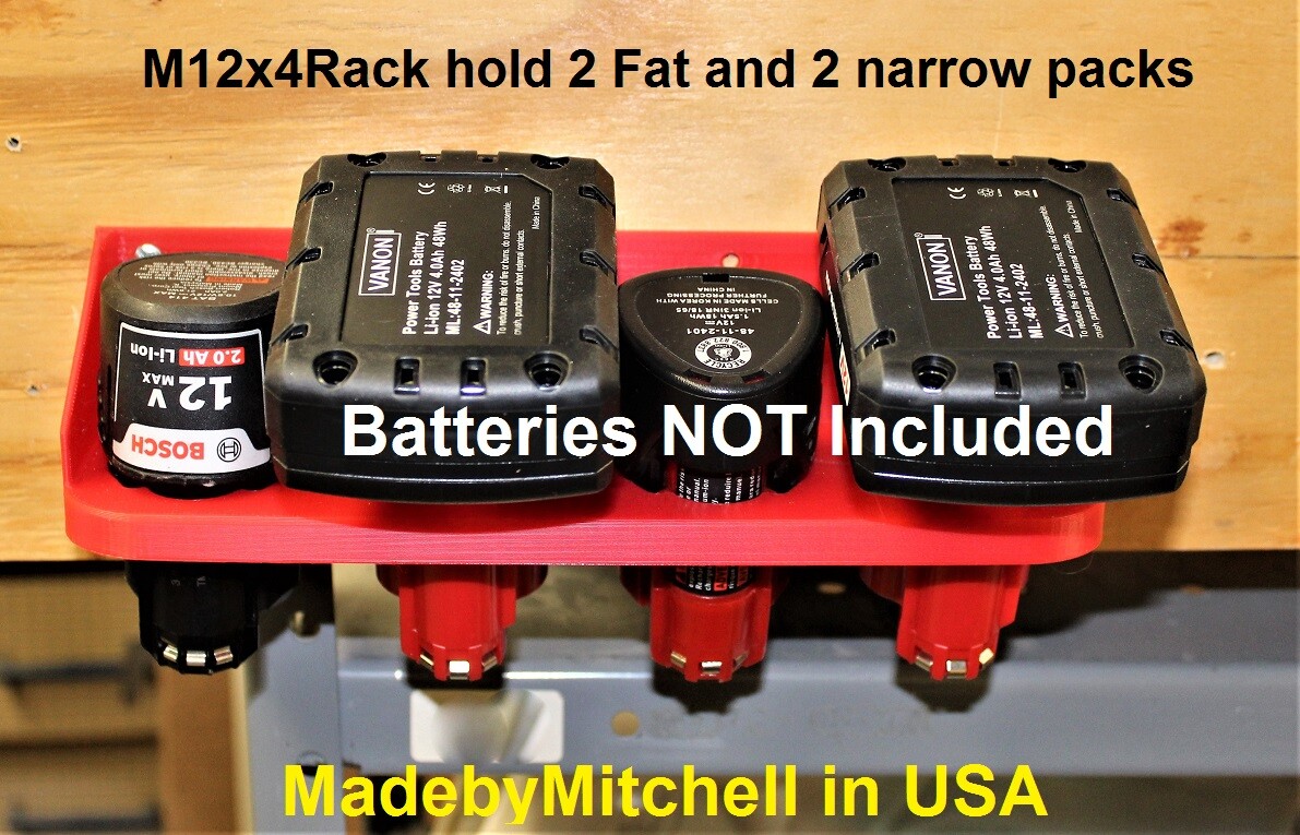 Made By Mitchell M12x4Rack – 4-Slot Battery Holder Mount For Milwaukee, Bosch, Makita 12V Batteries