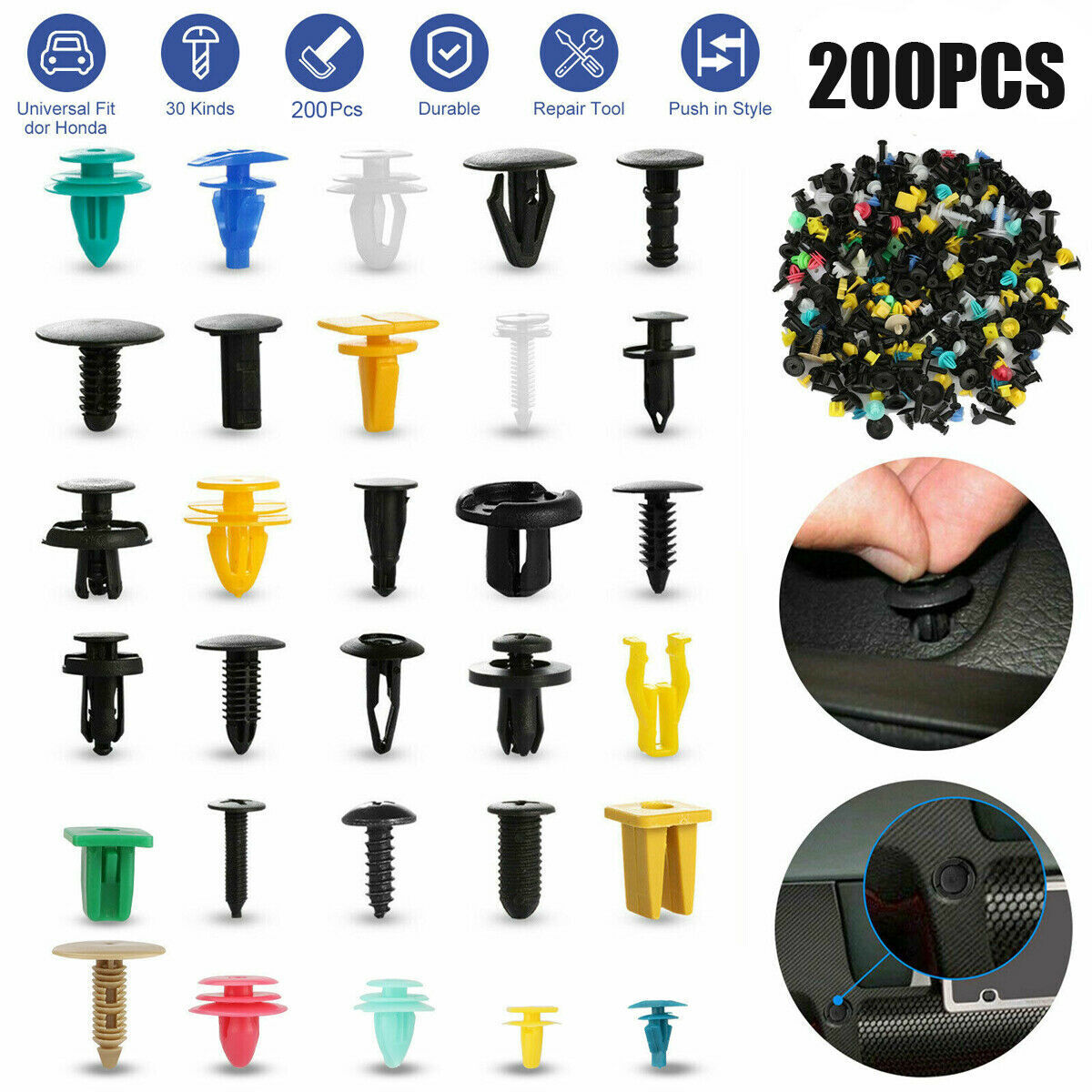 200Pcs Car Panel Rivet Fasteners Push Pin Clips for Fender Trim Moulding Accessories