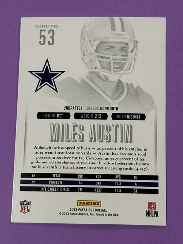 2013 Panini Prestige Miles Austin #53 Dallas Cowboys (H) - 第 2/2 張圖片