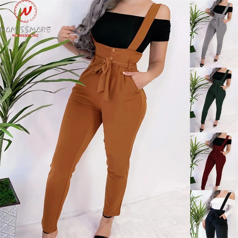 Mono De Pantalones Largos Con Tirantes Cintura Alta Mujer Bolsillos | eBay