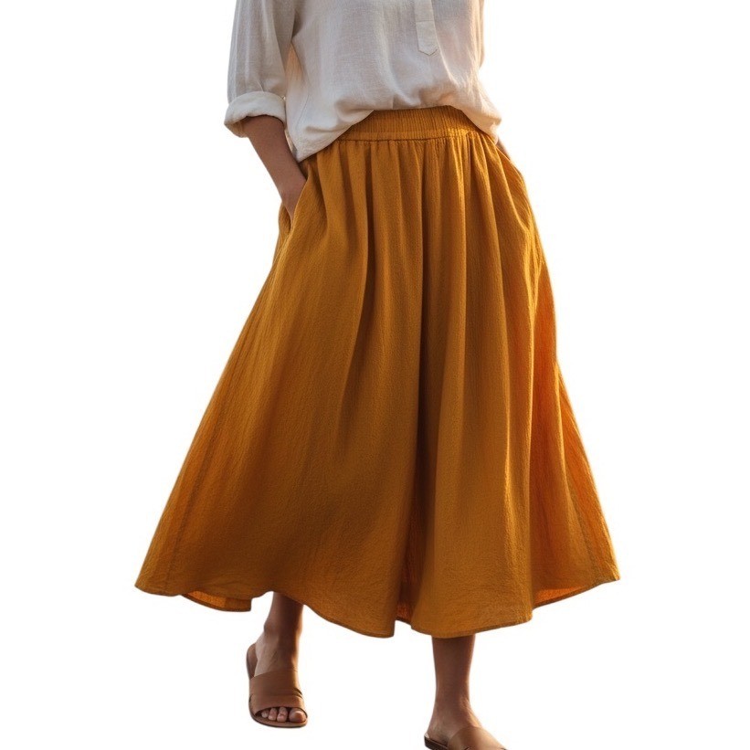 Carole Little Vintage 100% Silk Crinkle Crepe Midi Skirt Mustard Yellow Size 8