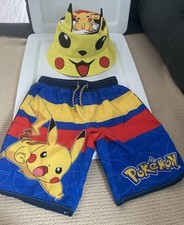 Pokemon Pikachu Swim Trunks Sz 8 Blue Yellow Red W/bucket Hat