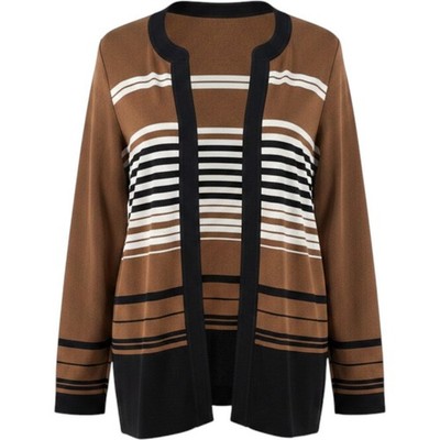 Exclusively Misook Open Front Cardigan Womens Medium Brown Striped Knit Jacket