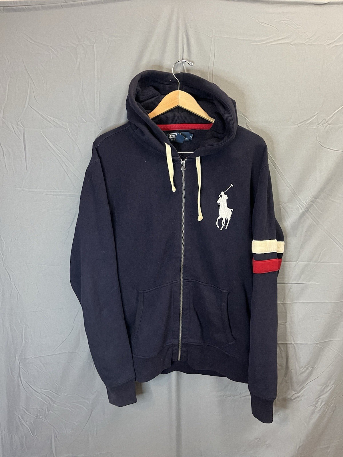 VTG Big Pony Polo Ralph Lauren Zip Up Men Blue Hoodie Red White Arm Bands XL USA