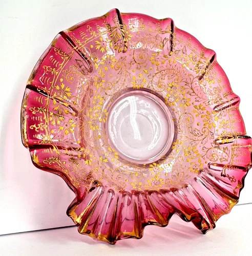 Vintage Pink Ruffled Glass Bowl Gold Floral Carnival Style Candy Dish