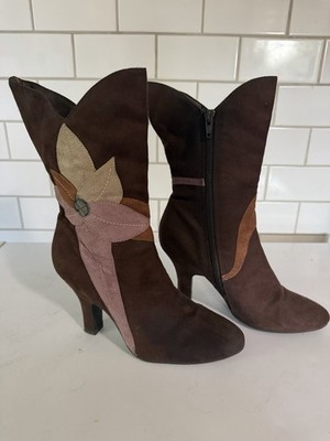 Predictions Brown Suede Mid-Calf Boots Floral Embroidered Pointed Toe Zip Sz 6.5