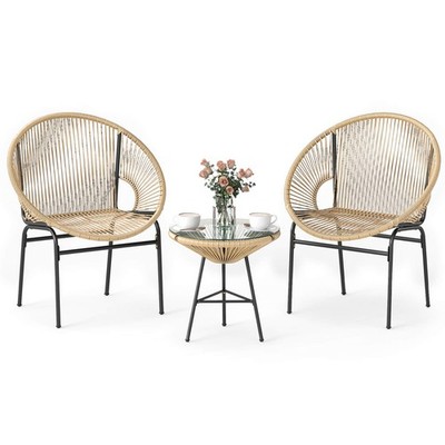 3-Piece Wicker Patio Bistro Set,Outdoor Acapulco Chairs and Tempered Glass Table