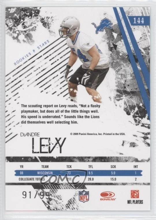 2009 Donruss Rookies & Stars Longevity Parallel Holofoil /99 DeAndre Levy RC - Image 2 of 2