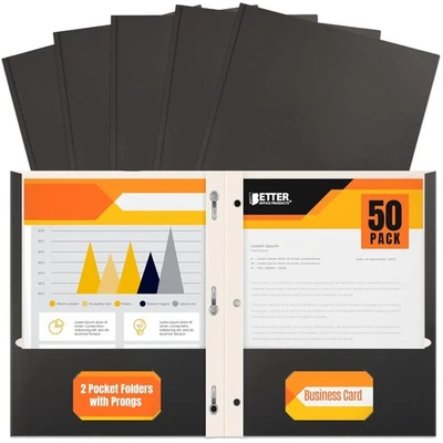Bulk 50 Count Black 2 Pocket Folders with Metal Prong Clips for Office Use - Image 1 of 4