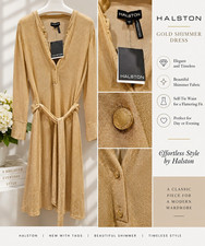 Halston Gold Shimmer V-Neck Button Front Belted A-Line Dress M