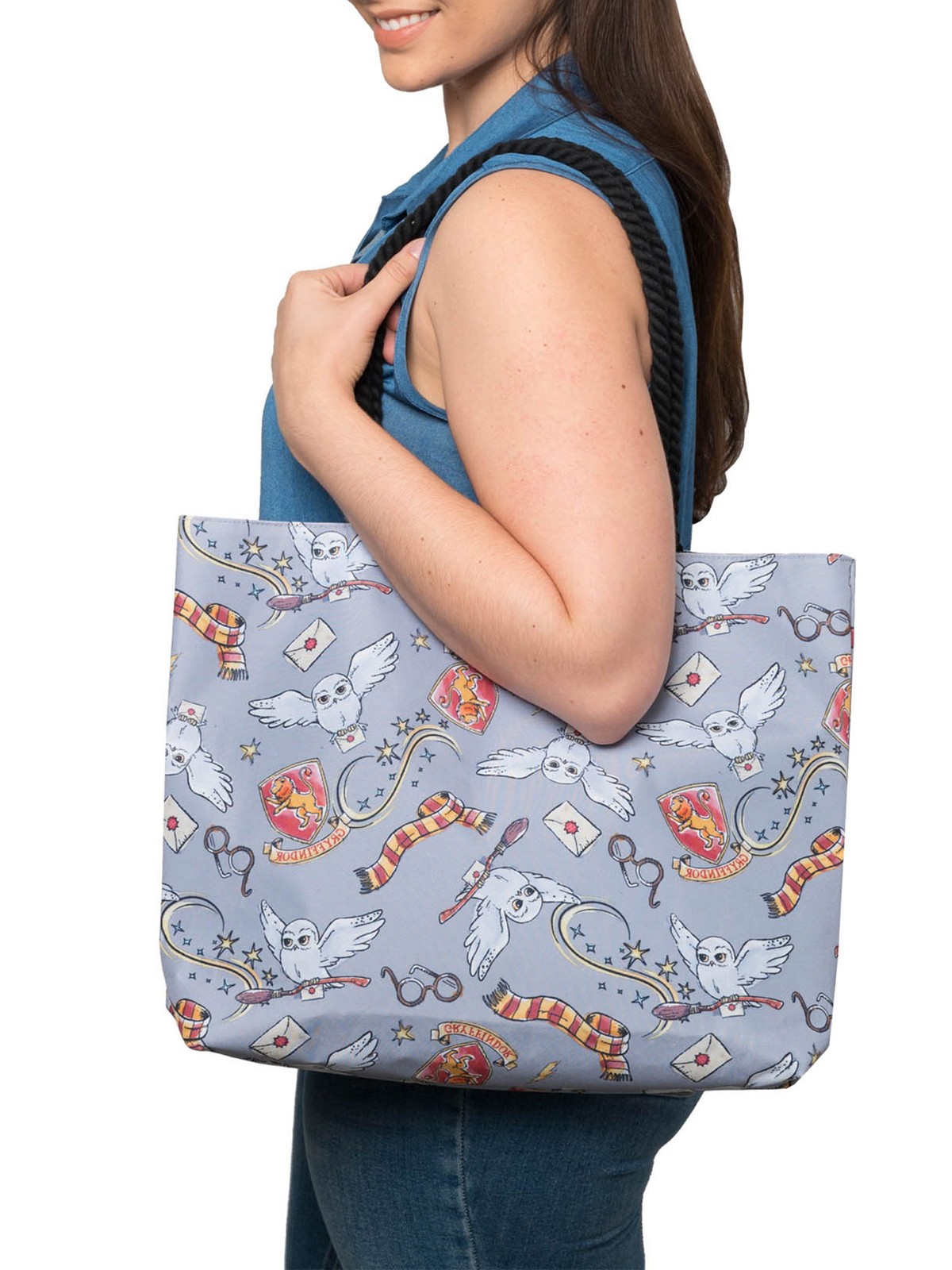 Harry Potter Tote Bag Travel Rope Handle Carry-On Gryffindor Hedwig Gray Women's