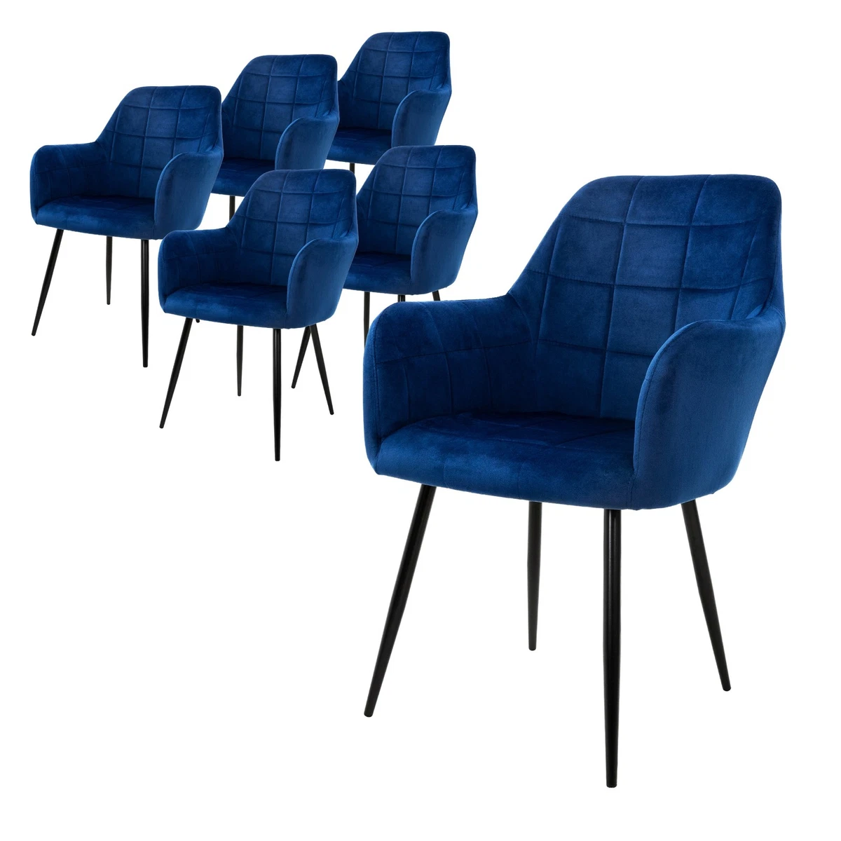 Juego de 6 sillas de comedor azul oscuro con respaldo y reposabrazos tapizados