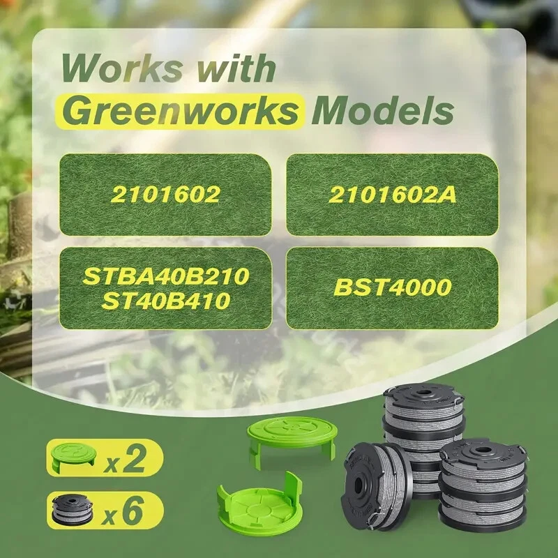 Greenworks 2 Caps+6 Spools models:2101602, 2101602A, STBA40B210, ST40B410, BST40 - Image 3 of 3