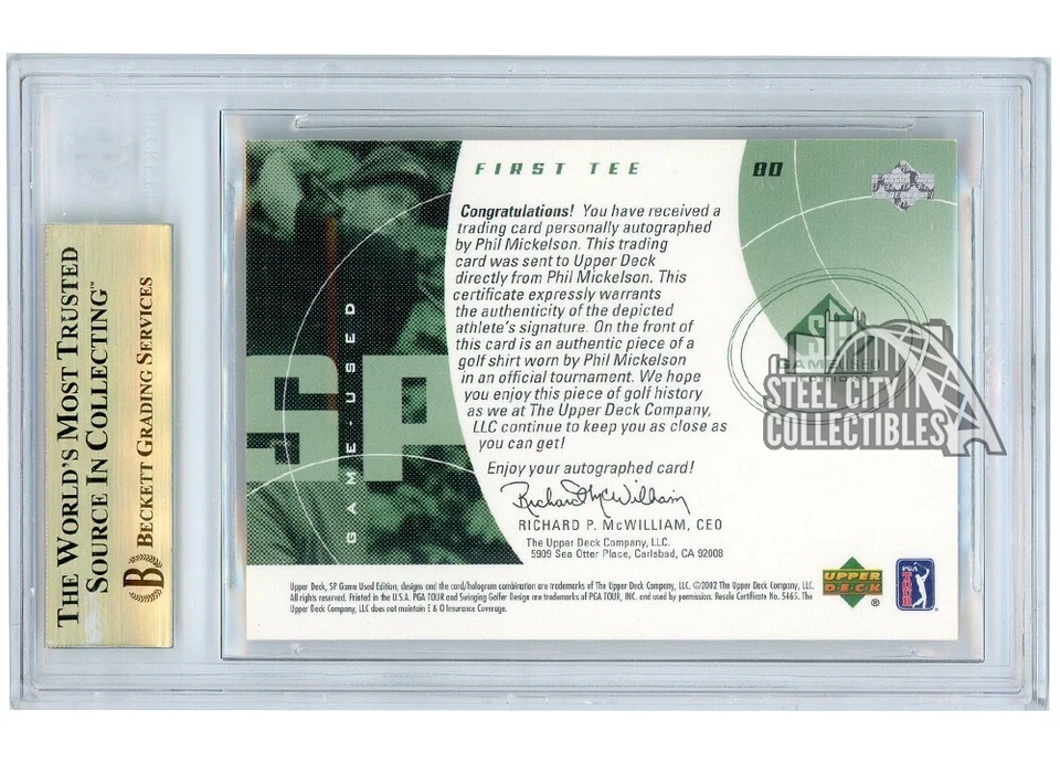Phil Mickelson 2002 Upper Deck SP Game Used Shirt Auto Card #80 180/250 BGS 9.5 - Image 2 of 2