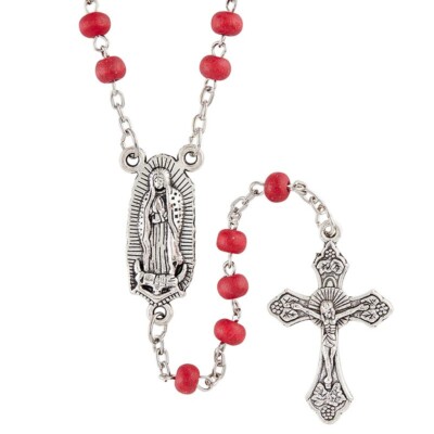 Our Lady of Guadalupe Rosary - Rose Scented 5mm Wood Beads 15'' L - Case 1.5'' T