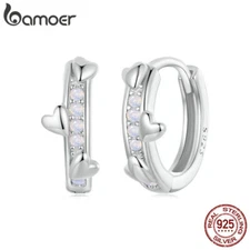 Bamoer Elegant 925 Silver Pink Heart Hoop Earrings Jewelry Fashion Women Gifts
