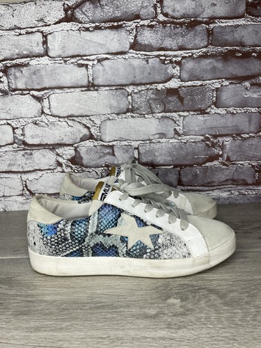 Meline White Leather Blue Snake Print Designer Sneakers Women’s Sz 40EU/9.5M US