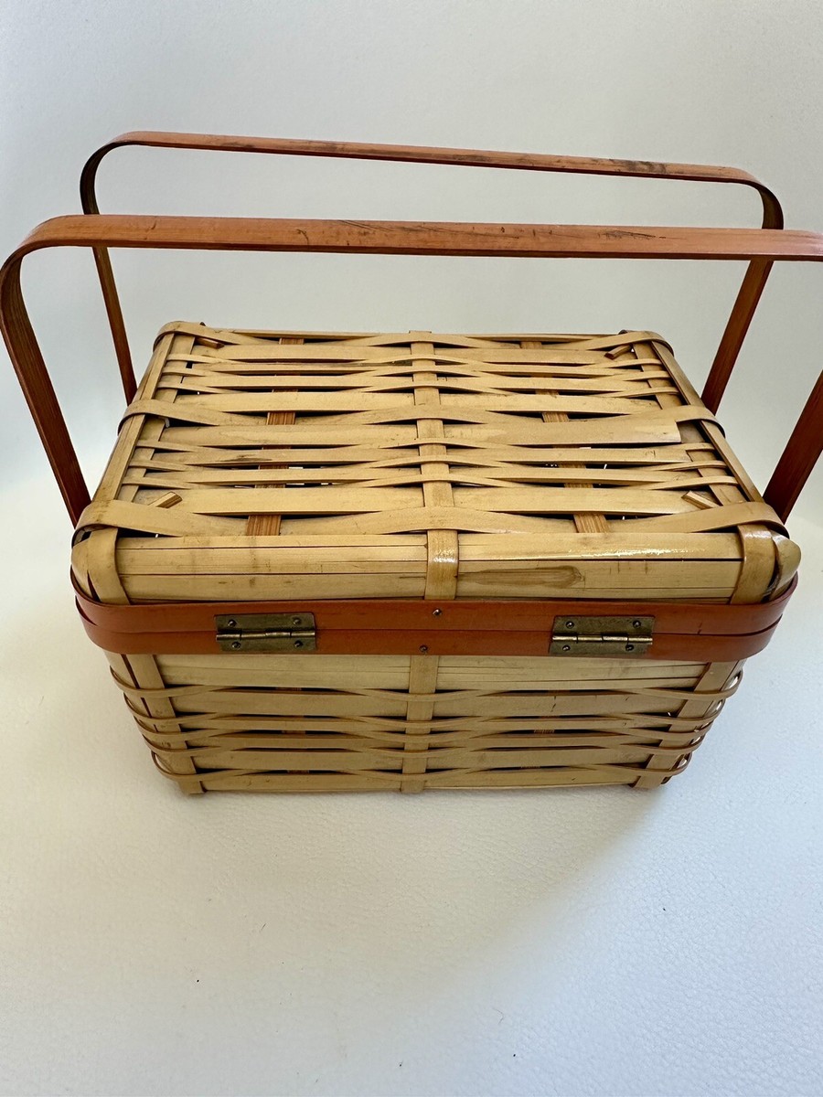 Vintage Woven Bamboo Rectangular Picnic Sewing Basket Double