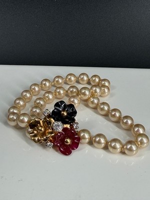 VTG VOGUE BIJOUX Bracelet Faux Pearl Lucite Flowers Rhinestone 80s 90s Classic