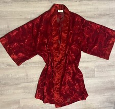 Vtg 90s Victorias Secret Gold Label Red Kimono Robe Satin Sheer Floral Duster M