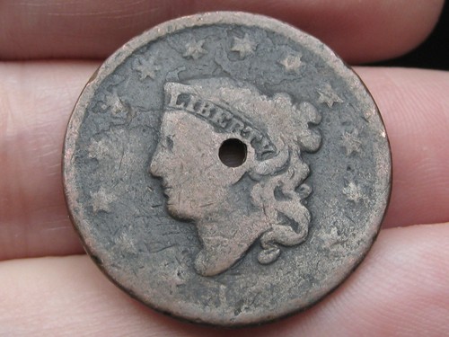 1816-1835 Matron Head Large Cent- Mature Head, Holed, Slightly Rotated Reverse