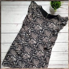 MADEWELL Pretty Plumes Silk Flutter Sleeve Short Back Zipper Black Tan Dress 8