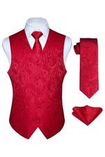 Mens Suit Vest Set 3PCS Paisley Tuxedo Vest & Tie Pocket Small B-01 Red 1