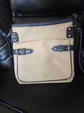 Canvas Shoulder/crossbody bag in beige with blue strap/accents front snap pocket