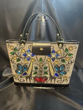 Vintage Enid Collins Purse Pavan Pheasant Peacock Blue Jewels Wooden Base Bucket