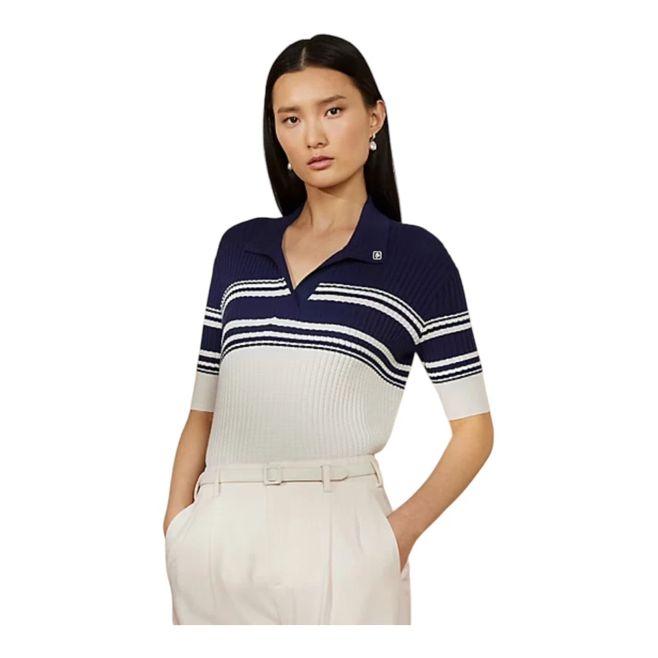 Ralph Lauren 毛衣女式小号紫色标签颜色阻挡美利奴丝绸 Polo 衫 — 第 4/4 张图片