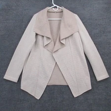 Adrienne Vittadini Cardigan Womens Med Wool Blend Open Long Chevron Print Beige