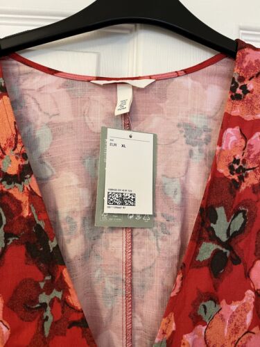 H&M Women’s Size XL (UK 20 / 22) Red Pink Floral Short Fitted Dress Long Sleeved - Picture 2 of 4