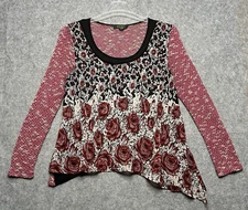 Poeme by Citron Santa Monica Shirt Women Large Pink Artsy Boho Floral Sheer Knit