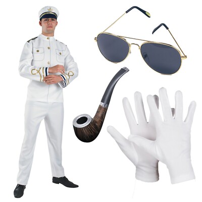 Men's Navy Captain Costume Yacht Boat Sailor Sea Marine Fancy Dress Outfit  6PCs