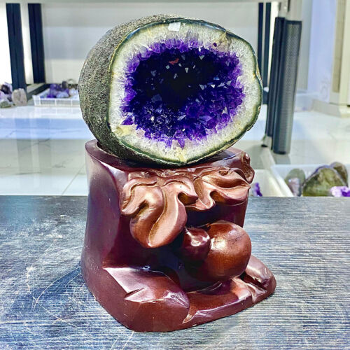 6.09LB Uruguay Natural Amethyst Money Bag Cave Decoration+Bracket - Picture 4 of 15