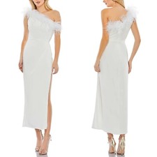 NEW MAC DUGGAL White FEATHER Trim ONE SHOULDER Draped RUCHED Bridal Dress GOWN 6