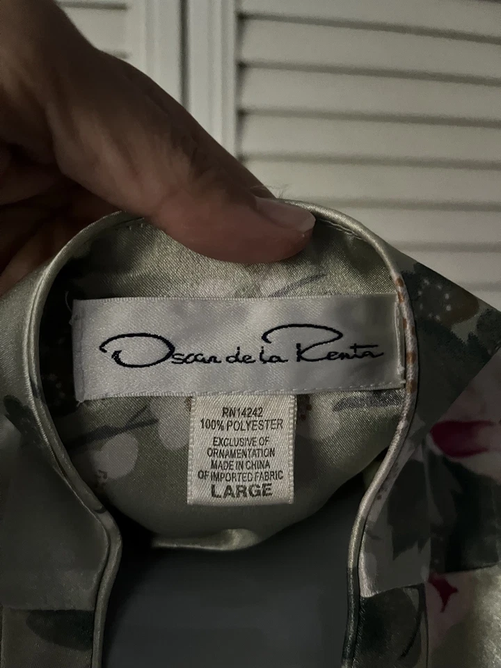 Oscar de la Renta Green Pink Multi-Color Floral Rose Robe Size L - Image 2 of 4