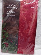 Holiday at Home Fabric Tablecloth Christmas Red Gold 60" X 102" Rectangle New
