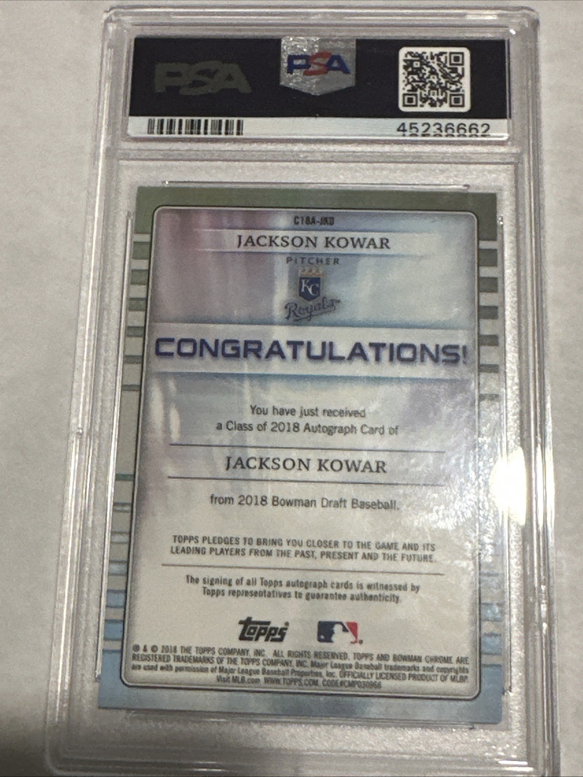 2018 Bowman Draft Class of 2018 Autographs Jackson Kowar Superfractor 1/1 view 2