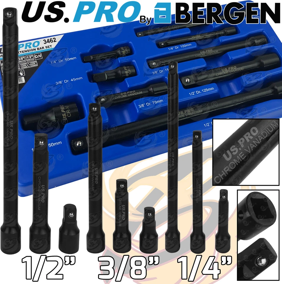 BERGEN IMPACT Extension Bars 1/2" 3/8" 1/4" Long Reach Extension bar Set Drive