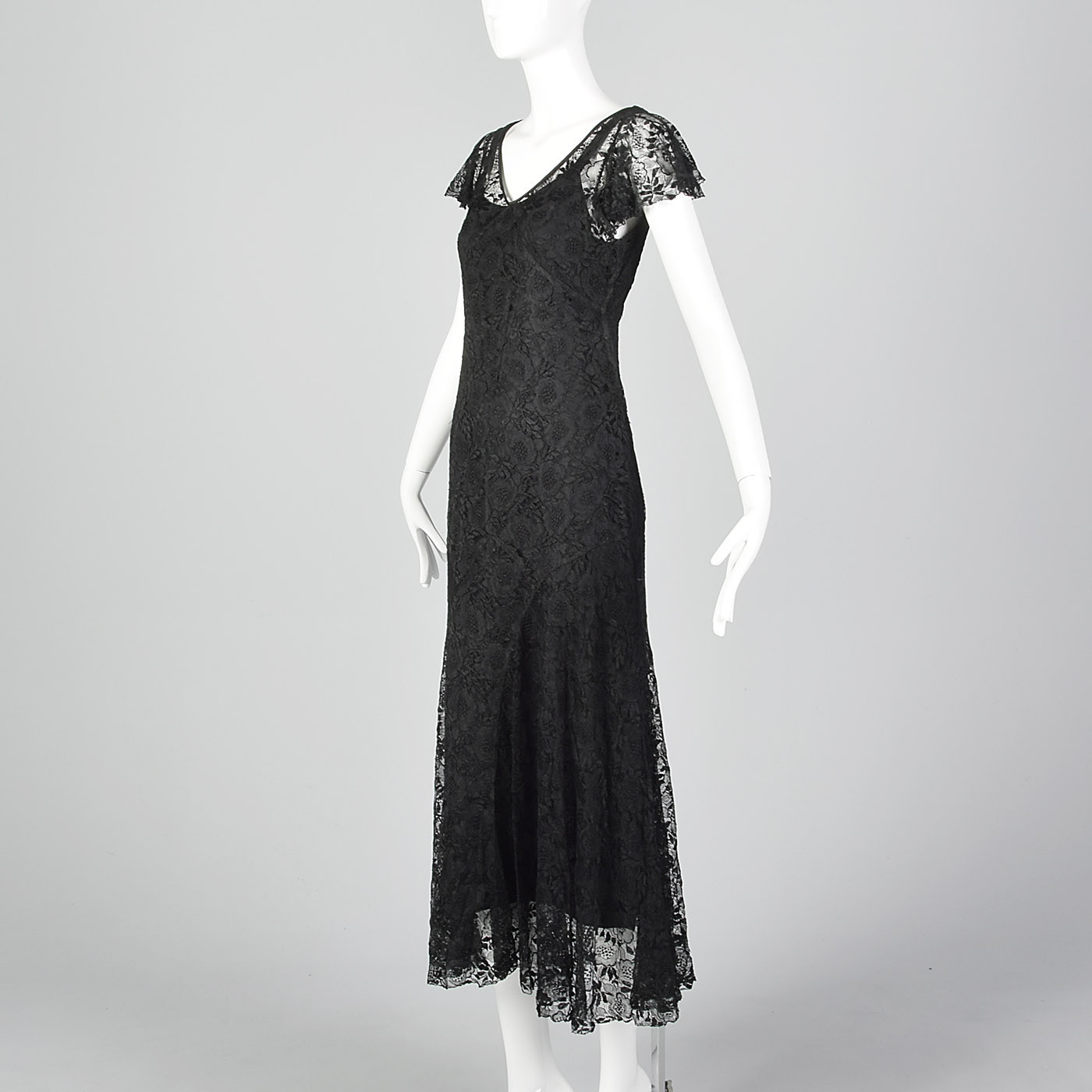 XS 1930s Black Lace Dress Short Flutter Sleeves Art Deco Evening ...
