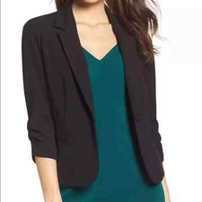 ELIZA J Suit Jacket Ruched Sleeve Blazer Black XS Extra Small Collar Work Wear