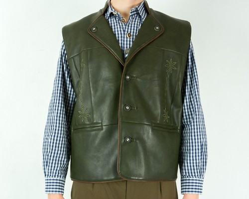 Genius Mens L Faux Leather Waistcoat Gilet Vest Trachten Jager Janker Green VTG - Picture 3 of 8