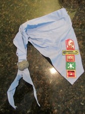 1970s Boy Scouts Blue Neckerchief w Slide 4 Patches Peace Pipe Indian Arrowhead