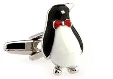 Penguin Pair Cufflinks Silver Red Bow Tie Wedding Gift Box & Polishing Cloth